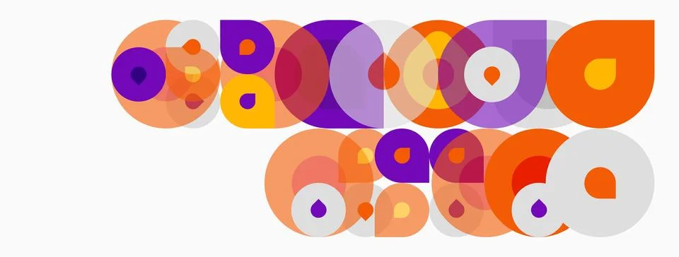 Abstract colorful circles overlap, creating playful pattern. Orange, purple, 库存插图
