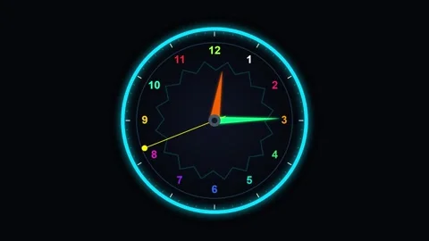 Abstract Colorful Clock Face with Glowing Neon Lights and Motion Stock-Footage 348130022