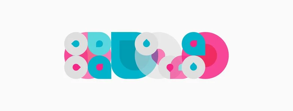 Abstract colorful design features overlapping circles, squares, shapes. Stockillustratie