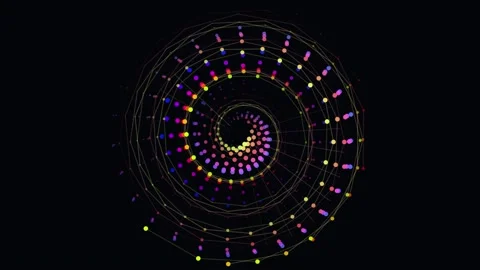 Abstract colorful digital spirals rotating against dark background in motion Vídeo Stock 344583356