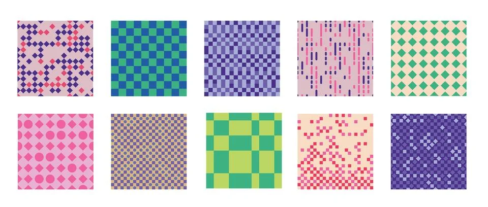 Abstract colorful distorted checkered pattern vector set, optical illusion イラスト素材