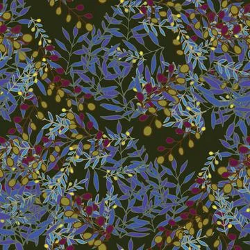 Abstract colorful doodle seamless pattern with leaves, plants, branches. Me.. Stock Illustration