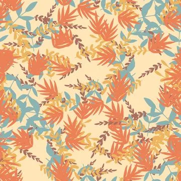 Abstract colorful doodle seamless pattern with leaves, plants, branches. Me.. Stock Illustration