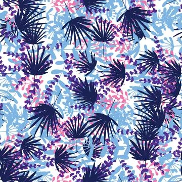 Abstract colorful doodle seamless pattern with leaves, plants, branches. Me.. Stock Illustration