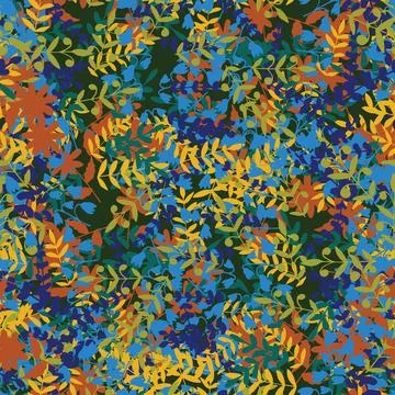 Abstract colorful doodle seamless pattern with leaves, plants, branches. Me.. Illustrazione stock