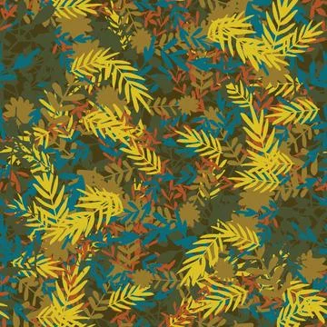 Abstract colorful doodle seamless pattern with leaves, plants, branches. Me.. Stock Illustration