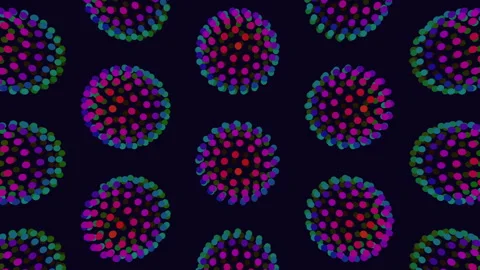 Abstract colorful dotted spheres pattern moving on dark background, seamless Stock Footage 330075281