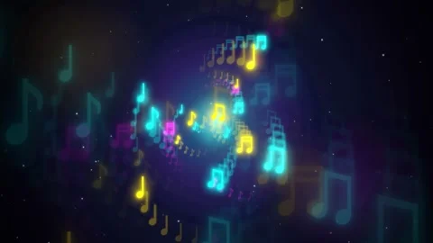 Abstract colorful glowing musical notes swirling in a dark cosmic space with Stockbeeldmateriaal 343860990