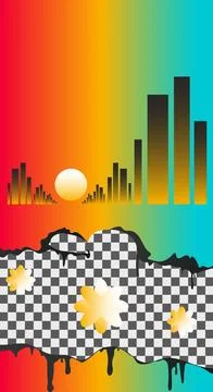Abstract colorful gradient background with city skyline silhouette and torn Illustration