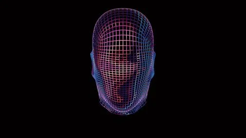 This abstract, colorful intelligence face scanner features a screen that cycl Illustrazione stock