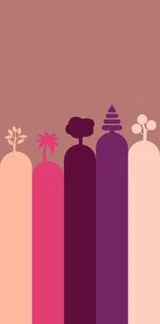 Abstract colorful landscape with stylized trees and rounded hills Stock Illustration