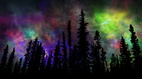 Abstract colorful motion galaxy - black silhouette of trees - night sky - loop Stock Footage 150572555