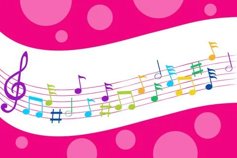 Abstract colorful music notes on wave staff background with pink circle Illustrazione stock