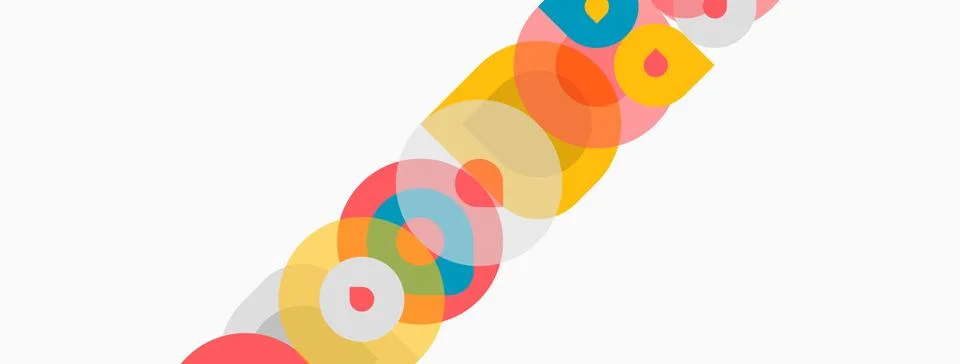 Abstract colorful overlapping circles create dynamic diagonal pattern. Illustrazione stock
