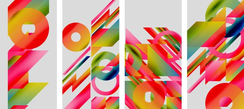 Abstract colorful panels display dynamic shapes, lines, circles. Gradient hues Stock Illustration
