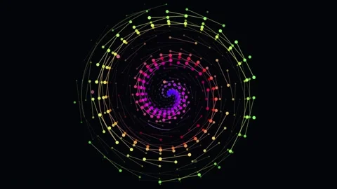 Abstract colorful particle spirals rotating against solid black background in Vídeo Stock 344583440