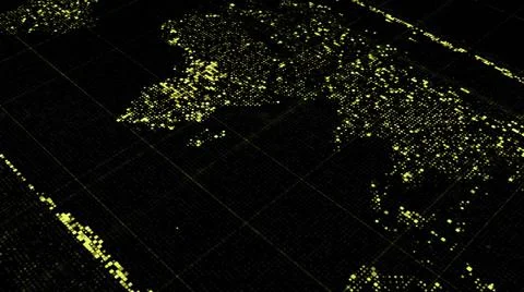 Abstract colorful particles create world map that flowing on black background Illustrazione stock