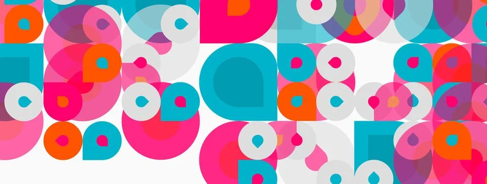 Abstract colorful pattern. Overlapping circles, squares create vibrant Stock Illustration