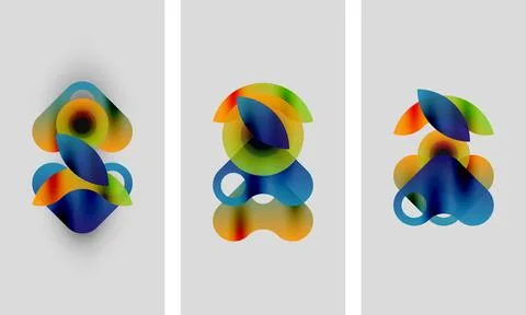Abstract colorful shapes overlap, creating dynamic compositions. Three panels Stock Illustration