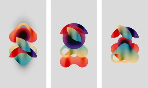 Abstract colorful shapes overlap, creating dynamic compositions. Three panels Stock Illustration