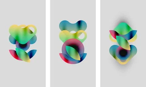 Abstract colorful shapes overlap, creating vibrant gradients. Three panels Stock Illustration