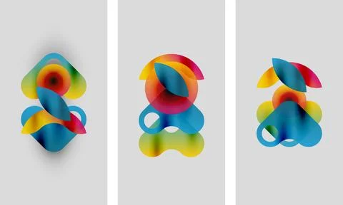 Abstract colorful shapes overlap, creating dynamic compositions. Three panels Stock Illustration