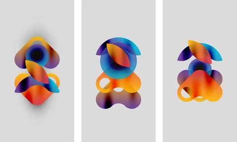 Abstract colorful shapes overlap, creating dynamic compositions. Three panels Stock Illustration