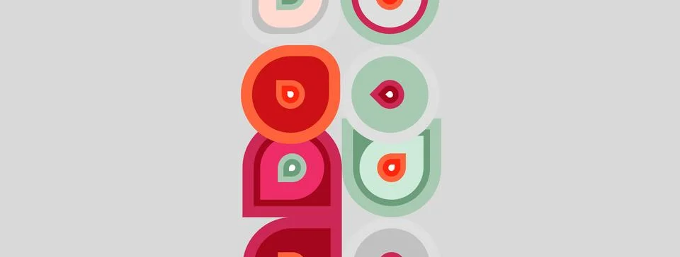 Abstract colorful shapes repeat vertically. Circles, squares, horseshoe forms Stock Illustration
