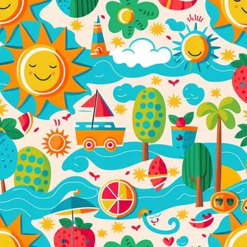 Abstract colorful summer pattern with hand drawn beach elements. Fashion print Stock Illustration