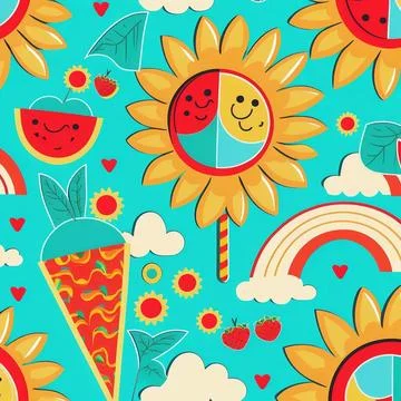 Abstract colorful summer pattern with hand drawn beach elements. Fashion print Illustrazione stock