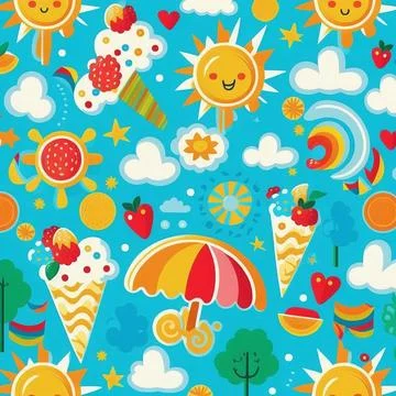Abstract colorful summer pattern with hand drawn beach elements. Fashion print Stock Illustration