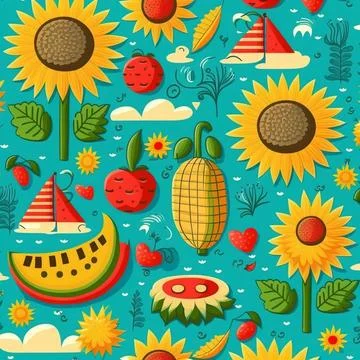 Abstract colorful summer pattern with hand drawn beach elements. Fashion print Stock Illustration