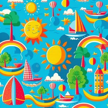 Abstract colorful summer pattern with hand drawn beach elements. Fashion print Stock Illustration