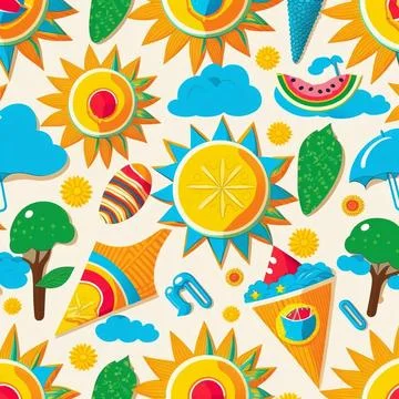 Abstract colorful summer pattern with hand drawn beach elements. Fashion print Illustrazione stock