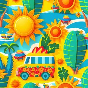 Abstract colorful summer pattern with hand drawn beach elements. Fashion print Stock Illustration