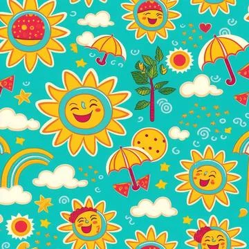 Abstract colorful summer pattern with hand drawn beach elements. Fashion print Illustrazione stock