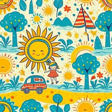 Abstract colorful summer pattern with hand drawn beach elements. Fashion print Illustrazione stock