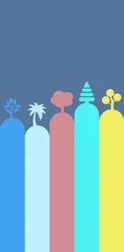 Abstract colorful trees on rounded hills against a blue background Stock Illustration