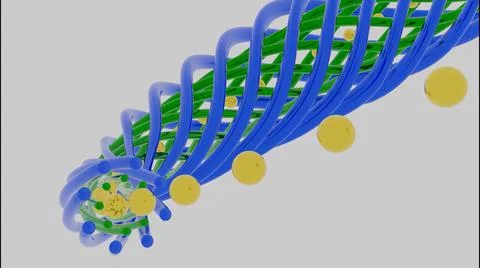 Abstract colorful twisted tubes consuming small spheres isolated on a white Stockillustratie