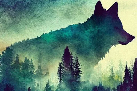 Abstract colorful wolf background. Wolf watercolor double exposure background Stock Illustration