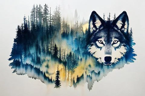 Abstract colorful wolf background. Wolf watercolor double exposure background Stock Illustration