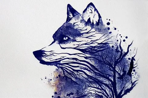 Abstract colorful wolf background. Wolf watercolor double exposure background Stock Illustration