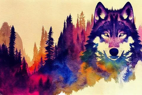 Abstract colorful wolf background. Wolf watercolor double exposure background Stock Illustration