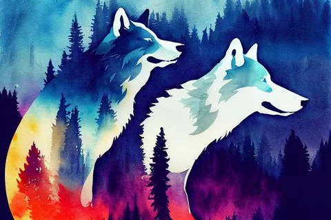 Abstract colorful wolf background. Wolf watercolor double exposure background Stock Illustration