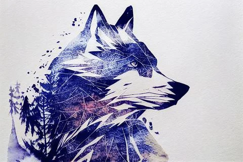 Abstract colorful wolf background. Wolf watercolor double exposure background Stock Illustration
