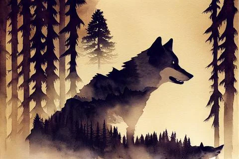 Abstract colorful wolf background. Wolf watercolor double exposure background Stock Illustration