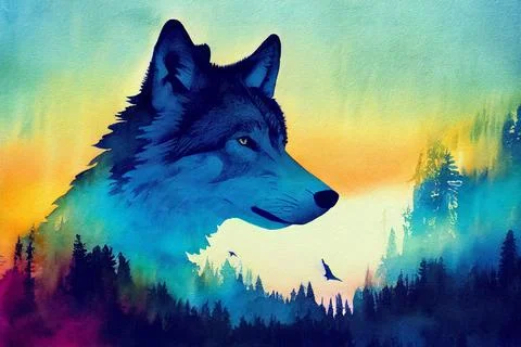 Abstract colorful wolf background. Wolf watercolor double exposure background Stock Illustration