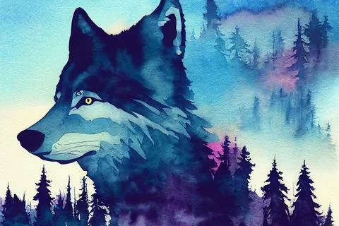 Abstract colorful wolf background. Wolf watercolor double exposure background Stock Illustration
