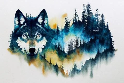 Abstract colorful wolf background. Wolf watercolor double exposure background Stock Illustration