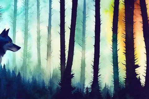 Abstract colorful wolf background. Wolf watercolor double exposure background Stock Illustration